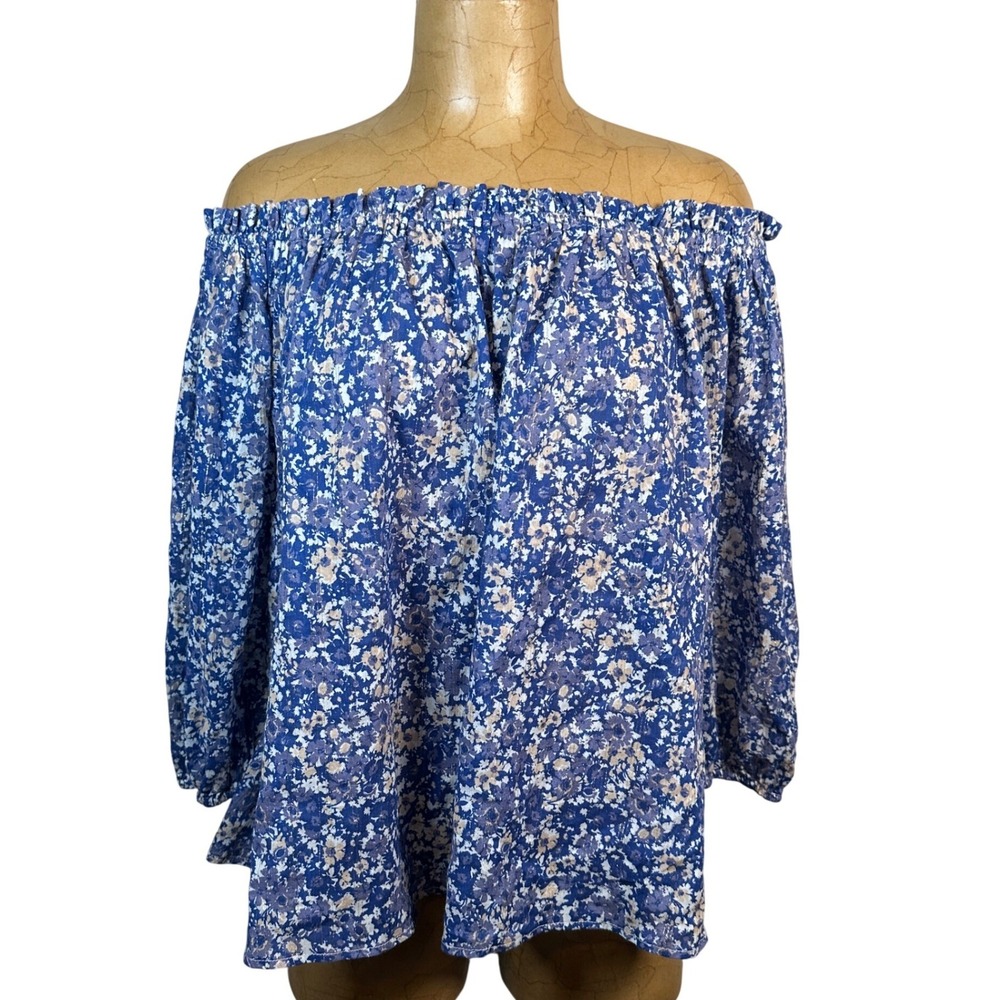 Good Hart Off Shoulder Floral Blouse Blue White Cottage Country Cowgirl Medium